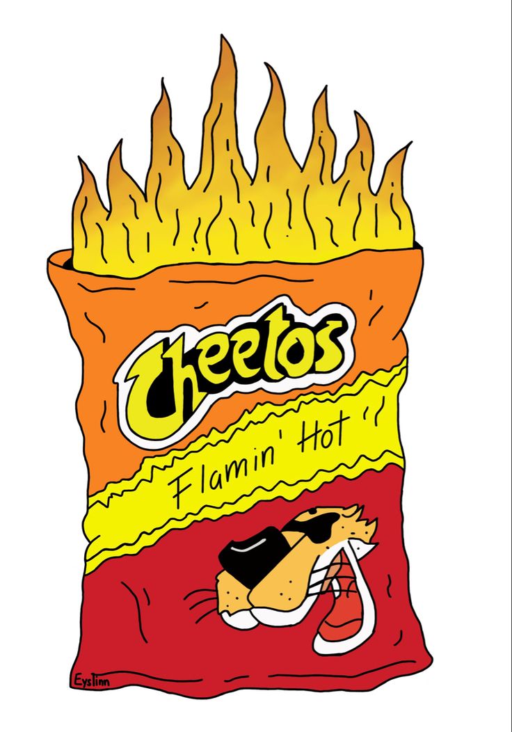 a bag of cheetos with flames coming out of it and a dog in the middle