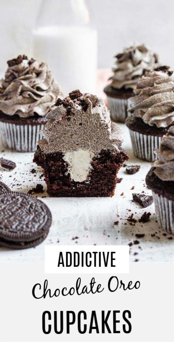 chocolate cupcakes with oreo cookies and milk