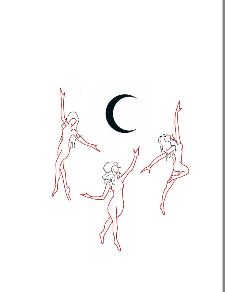 three women are dancing with the moon in the background