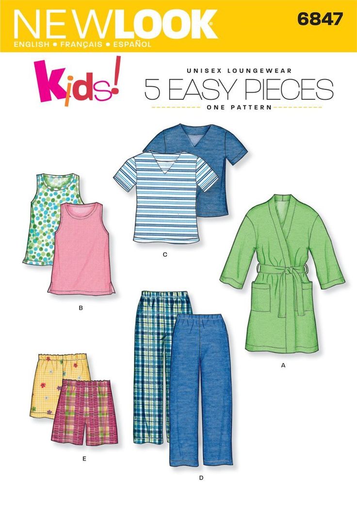 PRICES MAY VARY. Child Sleepwear in size A (3-4-5-6-7-8), New Look Pattern #6847 Number of looks included: 5 Designed in UK, Manufactured in USA Instructions are written in English, Spanish, and French Suggested fabrics: A in Terry Cloth, Fleece, Lightweight Double Knits; B,C Sized for stretch knits only: Cotton Interlock, Jerseys, Lightweight Double Knits; D,E in Cotton and Cotton Blends, Flannel, Laundered Cottons, Broadcloth, Chambray Dressing Gown Sewing Pattern, Pajama Clothes, Gown Sewing Pattern, Knit Top Patterns, New Look Patterns, Unisex Pajamas, Girls Sleepwear, Sewing Patterns For Kids, Clothes Sewing Patterns