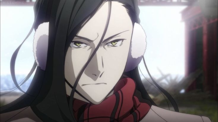 an anime character with long black hair and green eyes wearing headphones, looking at the camera