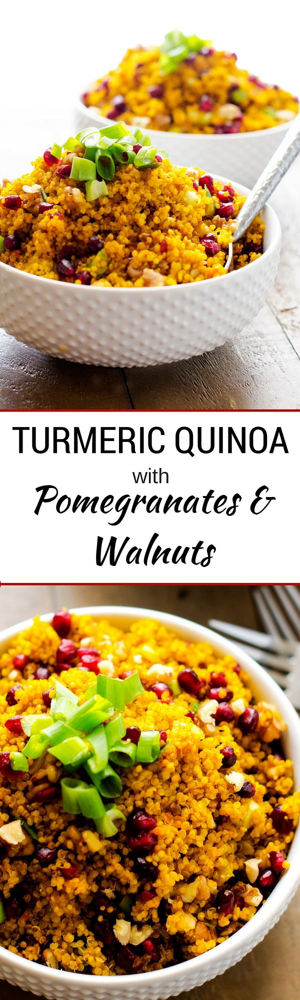 turmeric quinoa with pomegranates and walnuts in a white bowl