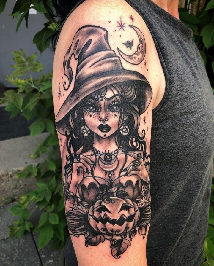 a woman wearing a witches hat and holding a pumpkin in her hand with the moon behind her