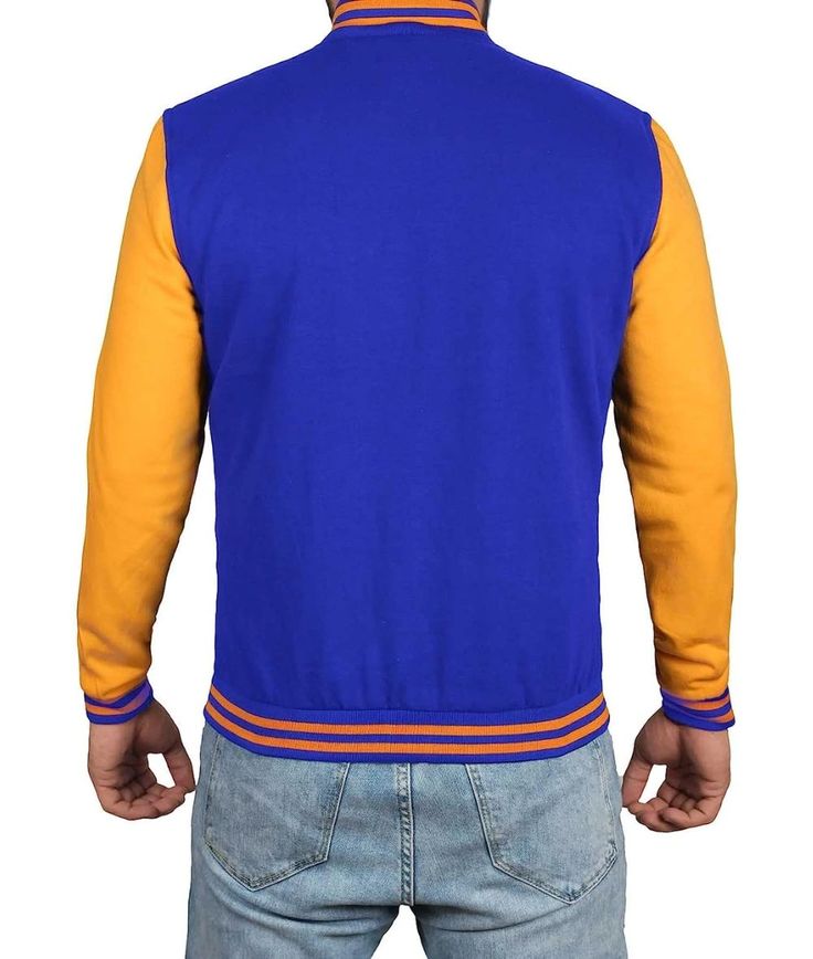 Blue and Yellow Letterman Jacket
This casual blue and yellow varsity jacket will keep your style polished every time without any hassle. It is made up of the finest quality fleece to assure maximum durability and comfortability. Features include a central snap buttons closure, rib-knit collar, cuffs and hem, and two functional side pockets for keeping your accessories safe while traveling. Blue Cotton Varsity Jacket With Baseball Collar, Blue Cotton Sporty Varsity Jacket, Blue Winter Track Jacket With Baseball Collar, Blue Varsity Jacket With Ribbed Cuffs For Sports Events, College Blue Varsity Jacket With Ribbed Cuffs, Blue Collegiate Varsity Jacket For Sports Events, Blue Collegiate Style Varsity Jacket For Sports Events, Blue Cotton Varsity Jacket For Sports Events, Blue College Style Varsity Jacket With Ribbed Cuffs