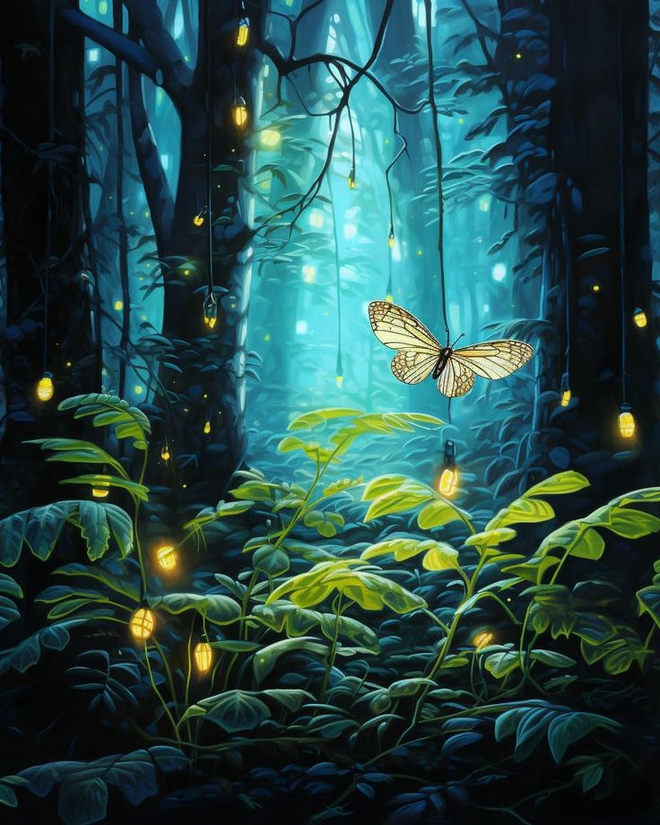 a painting of a butterfly flying in the air over a forest filled with fireflies