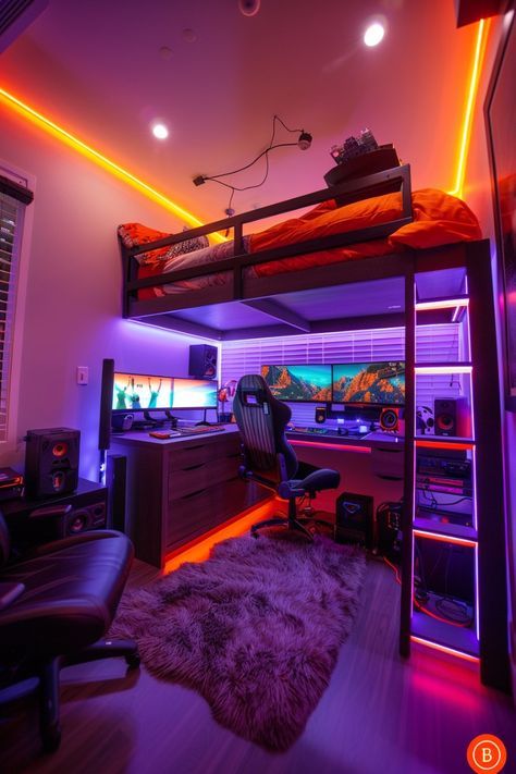 a bedroom with a loft bed, desk and computer equipment on it's side