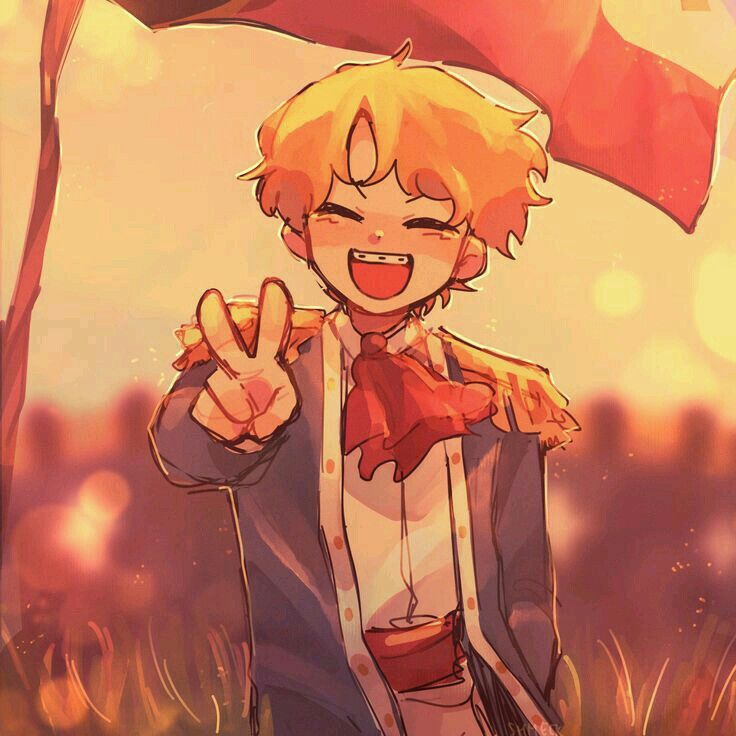 an anime character holding up a flag and giving the peace sign with both hands in front of him