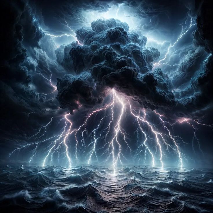 a large cloud filled with lightning over the ocean