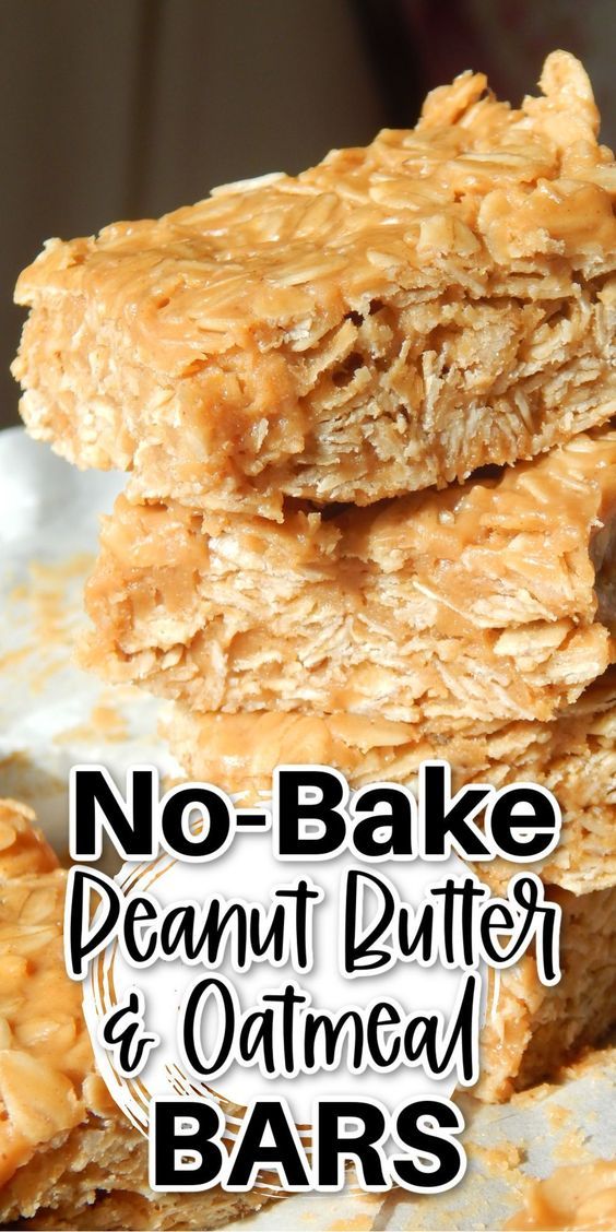 no bake peanut butter and oatmeal bars stacked on top of each other