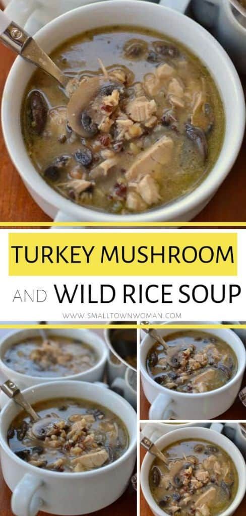 turkey mushroom and wild rice soup in a white bowl