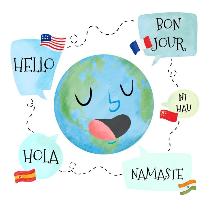 the earth with speech bubbles surrounding it that say hello, namaste and don't