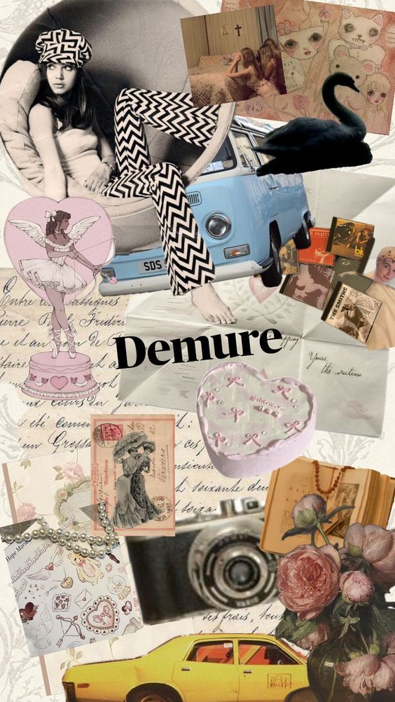 a collage of photos with the words demure written on them