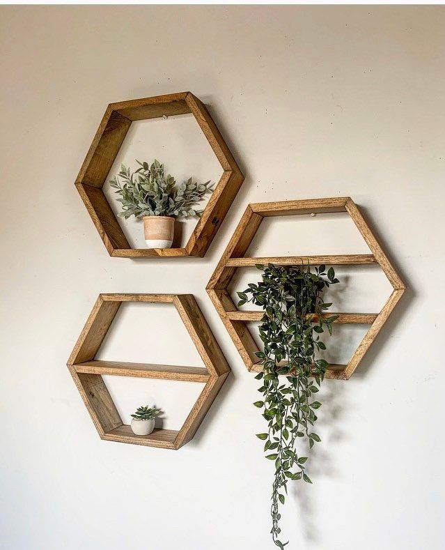 three wooden hexagonal shelves with plants on them hanging from the wall in front of a white wall