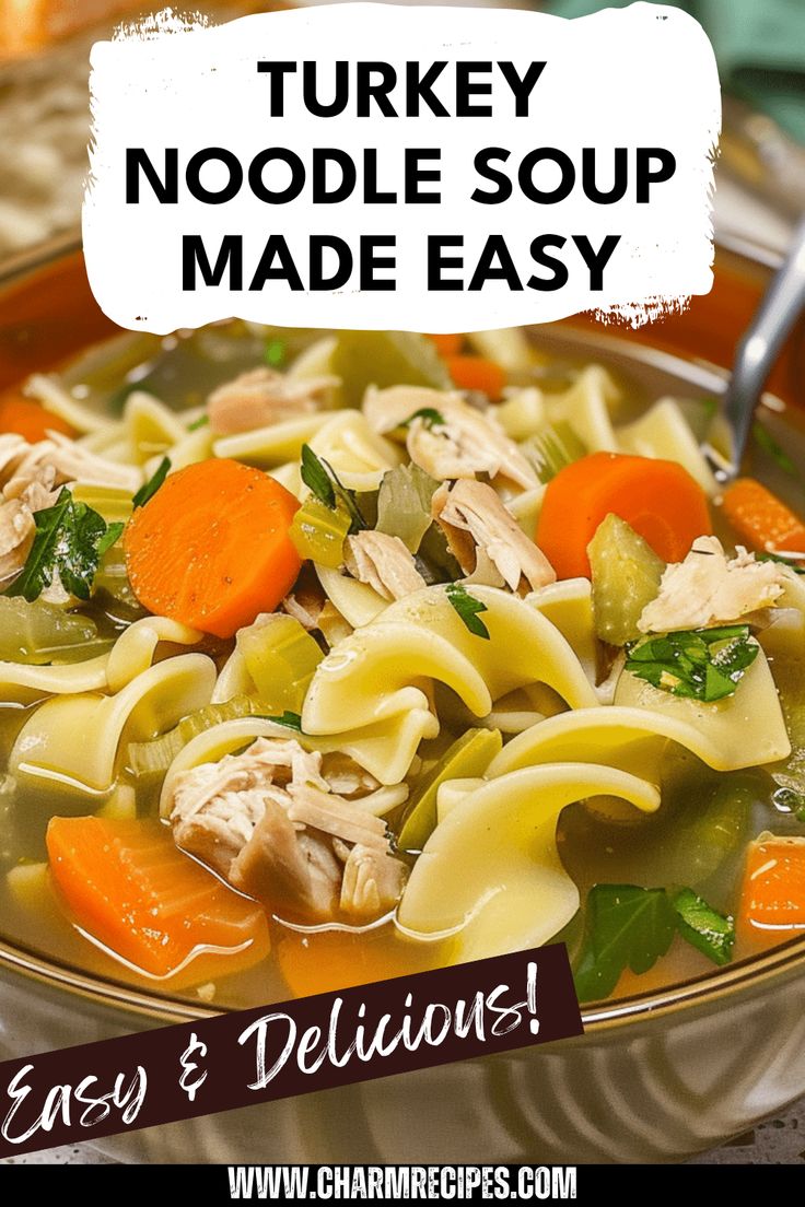 a bowl of turkey noodle soup made easy