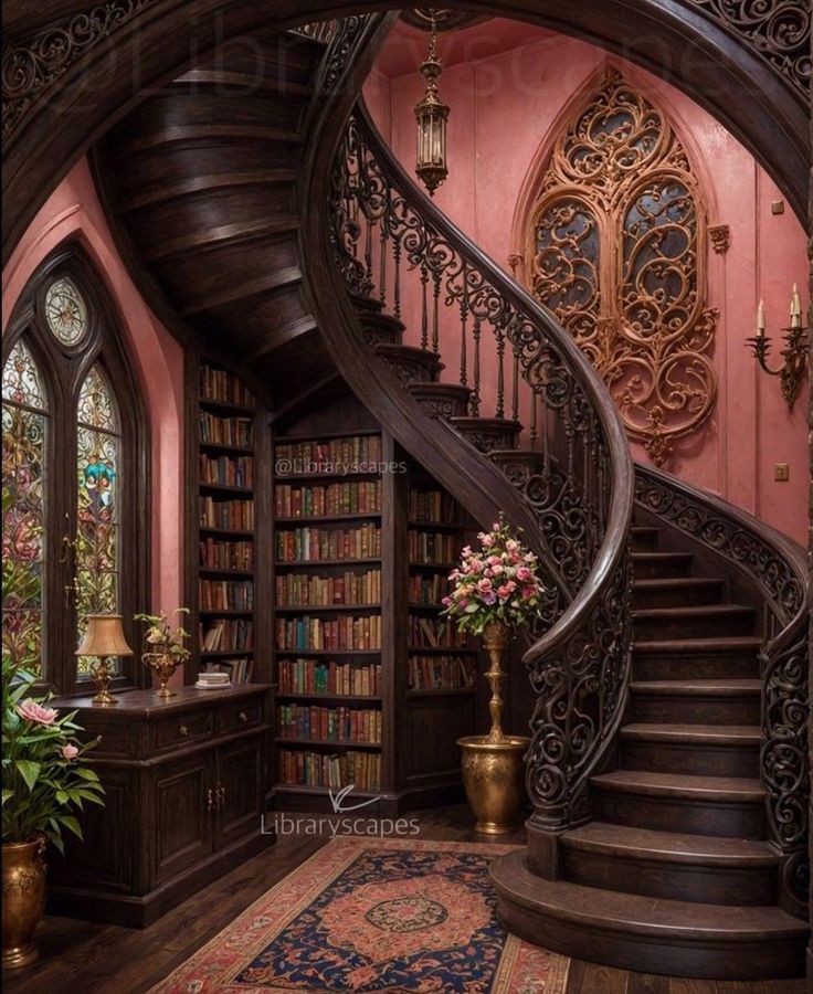 a spiral staircase in the middle of a room with bookshelves and flowers on it