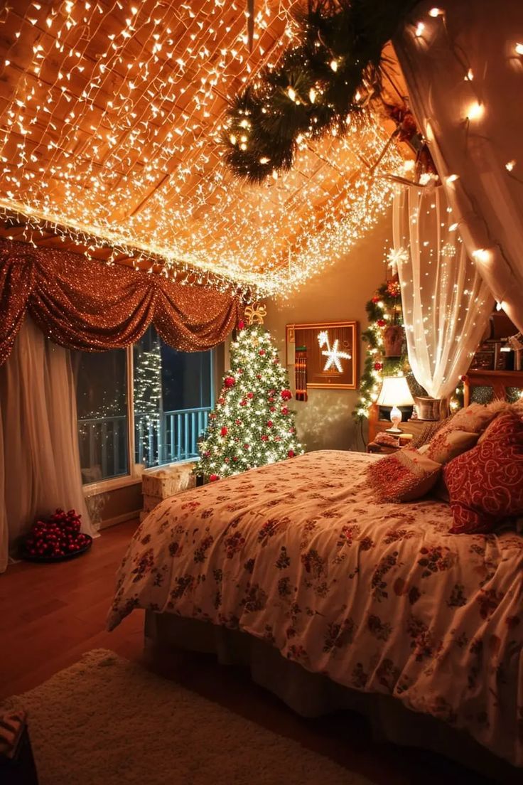 a bedroom decorated for christmas with lights on the ceiling and a tree in the corner