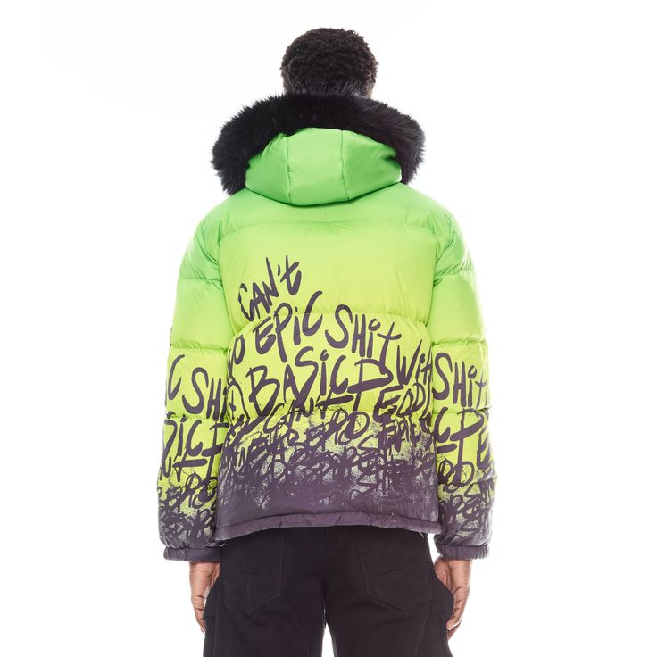 Puffer Jacket With Fur Hood In Neon Yellow Elevate your outerwear game and stay warm in our latest puffer jacket. Crafted from premium quality nylon, this puffer features a plush fur-lined hood that adds an extra layer of insulation while exuding a touch of luxury. With a vibrant green gradient body and graffiti detailing, this jacket is the perfect blend of fashion and function that will keep you on-trend and protected against the elements this winter.- Nylon- Fur-lined hood - 2 zipper pockets Winter Nylon Puffer Jacket For Streetwear, Nylon Puffer Jacket For Streetwear, Trendy Nylon Puffer Jacket For Streetwear, Urban Streetwear Parka With Padded Collar, Urban Style Parka With Padded Collar For Streetwear, Urban Style Parka With Padded Collar, Urban Parka With Padded Collar For Streetwear, Sporty Down Puffer Jacket For Streetwear, Urban Hooded Puffer Jacket