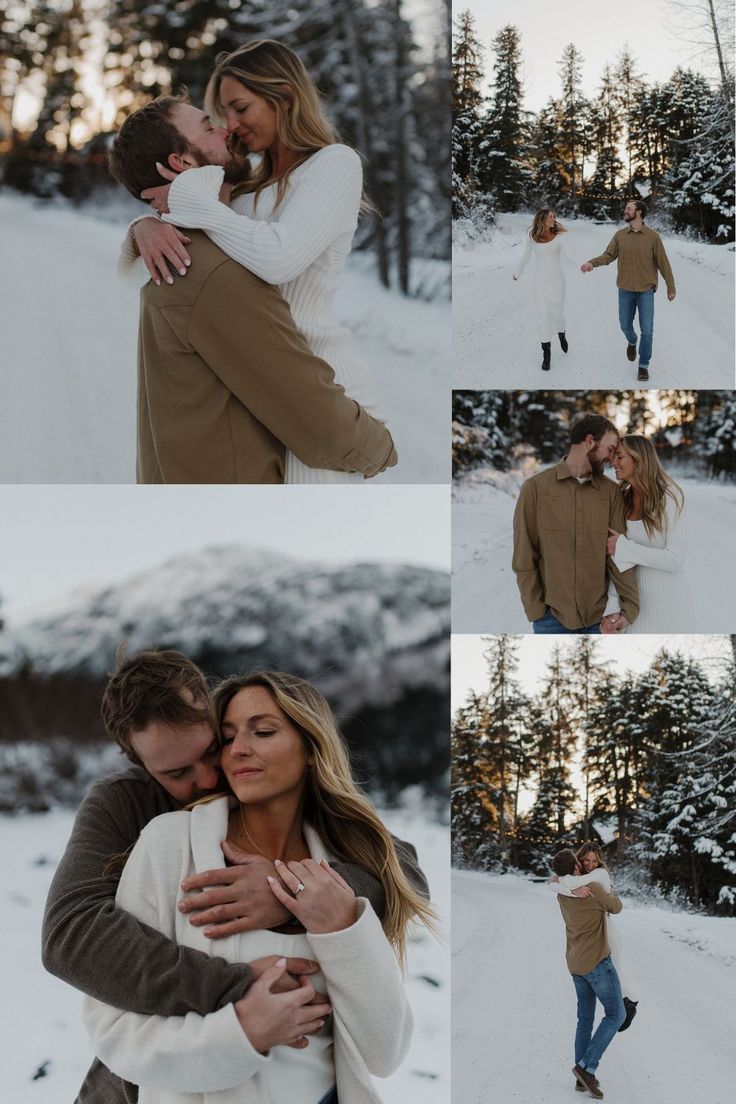 a man and woman are hugging in the snow