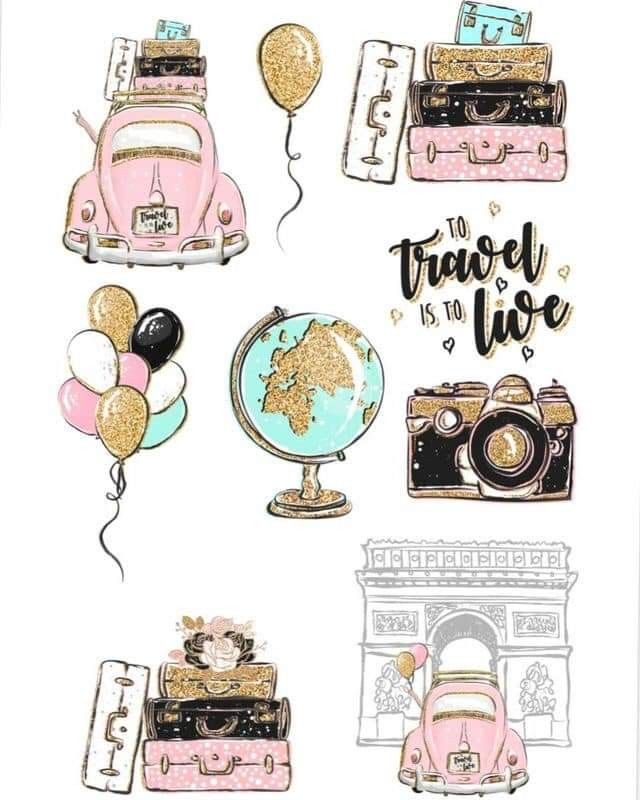 an image of travel and life stickers on a white sheet with gold foil balloons