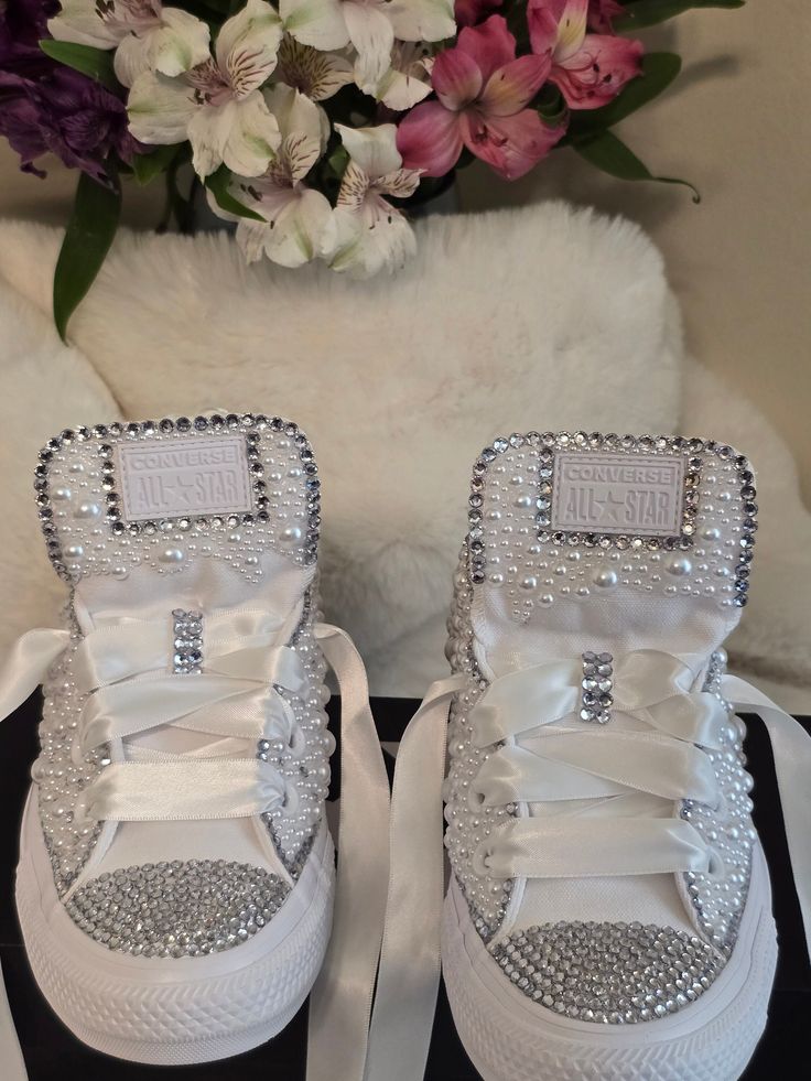 Custom hand jeweled converse wedding shoes. Silver Sneakers For Wedding With Round Toe, Silver Lace-up Sneakers For Wedding, Embellished Low-top Wedding Sneakers, Wedding Lace-up Sneakers With Rhinestones, Embellished Lace-up Sneakers For Weddings, Bedazzled Converse, Converse Wedding, Converse Wedding Shoes, Bedazzled Shoes