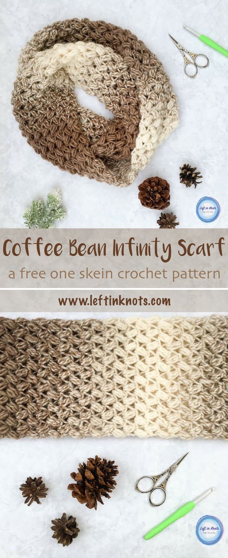 coffee bean knitted scarf with scissors and pine cones on the table next to it