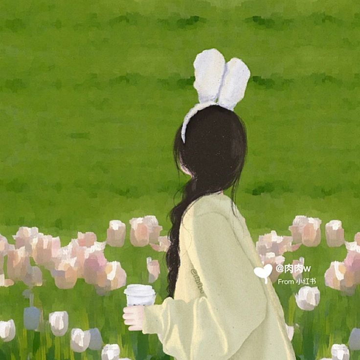 a painting of a woman walking through a field with tulips in the background