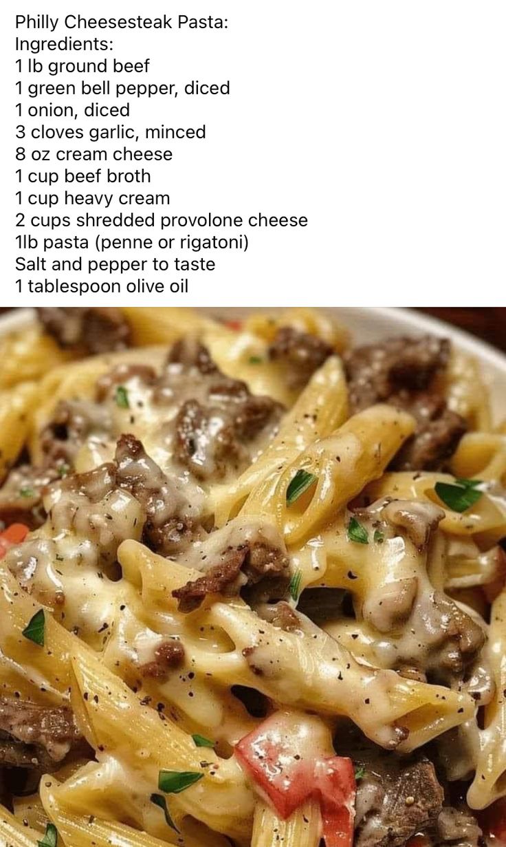 a bowl filled with pasta and meat on top of a wooden table next to a menu