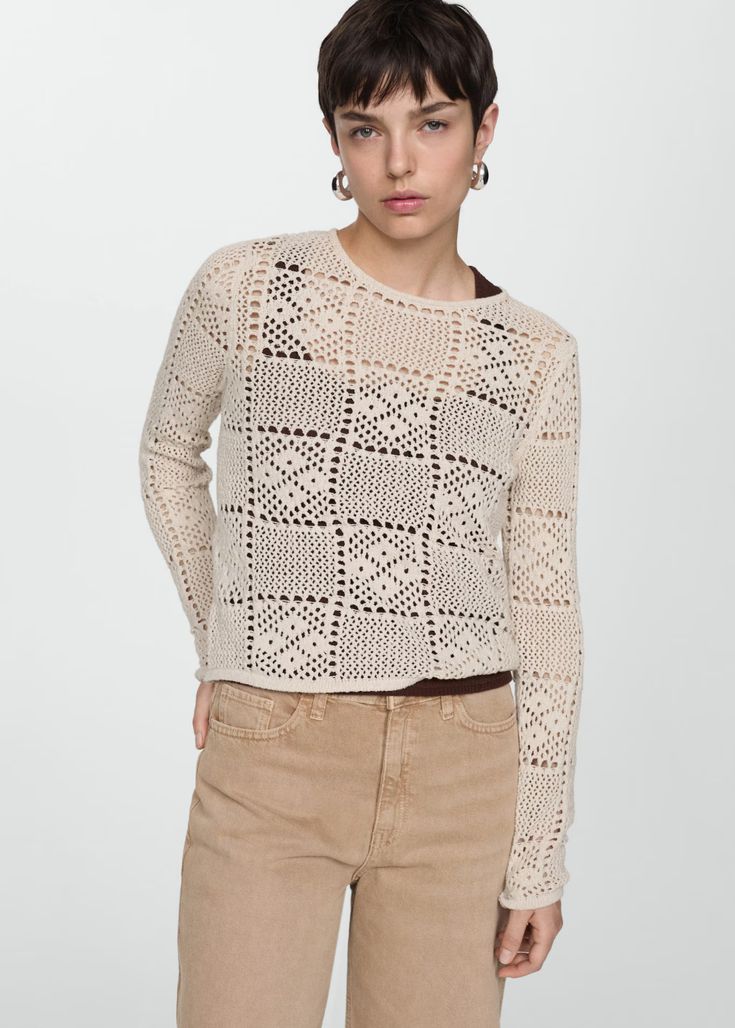 Crochet sweater with openwork details - Women | Mango USA Chic Pointelle Knit Cropped Sweater With Long Sleeves, Chic Cropped Sweater With Pointelle Knit And Long Sleeves, Chic Long Sleeve Pointelle Knit Cropped Sweater, Chic Long Sleeve Pointelle Knit Top, Chic Long Sleeve Pointelle Cropped Sweater, Chic Open Knit Sweater For Layering, Chic Long Sleeve Pointelle Knit Sweater, Chic Cropped Sweater With Pointelle Knit And Crew Neck, Chic Cropped Sweater With Pointelle Knit