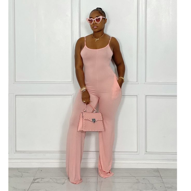 Summer Casual Solid Color Sexy Spaghetti Straps Pockets High Stretch Floor Length Women Jumpsuits Solid Jumpsuit, Jumpsuit Elegant, Pink Jumpsuit, Jumpsuits And Romper, Plus Size Swimsuits, Casual Jumpsuit, Jumpsuit Fashion, Girls Night Out, Wholesale Clothing