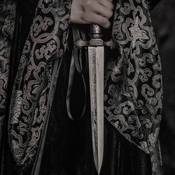 a person holding a large knife in their right hand and wearing a black coat with paisley patterns on it