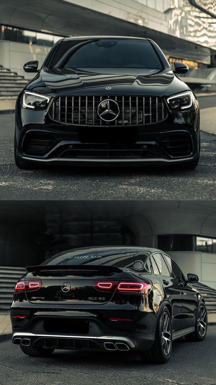 the front and back view of a black mercedes