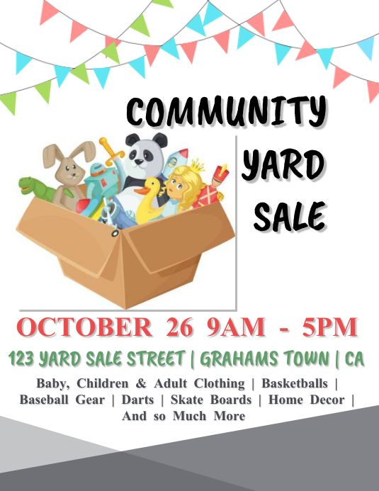 an advertisement for the community yard sale with stuffed animals in a box and bunting