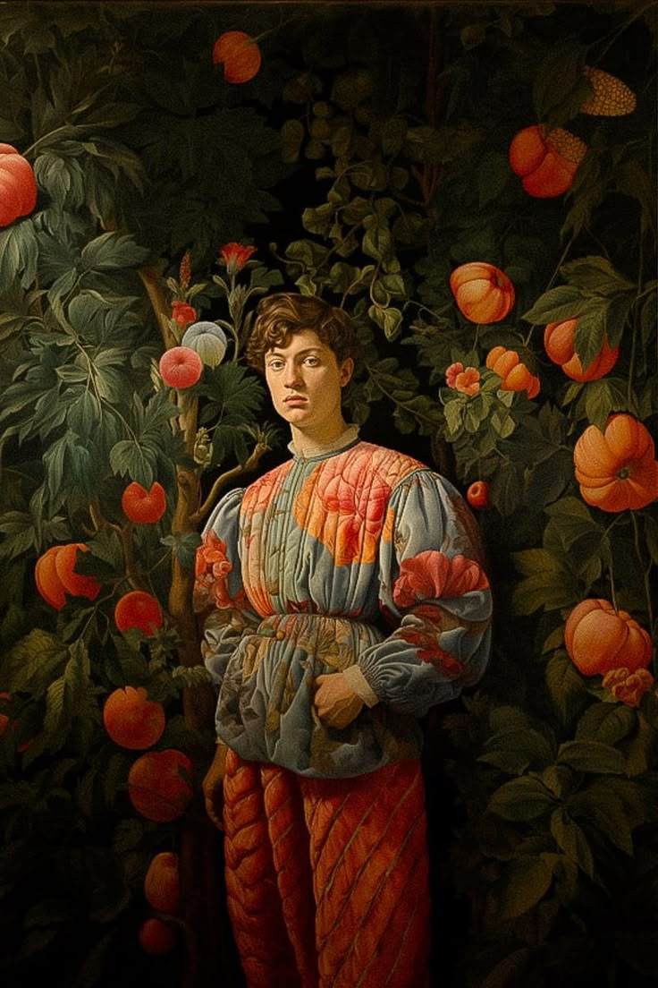 a painting of a woman standing in front of fruit trees with oranges on it