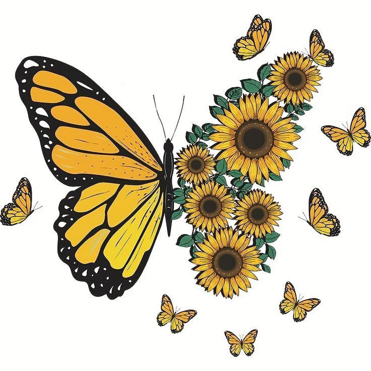 a yellow butterfly flying over sunflowers with butterflies around it on a white background