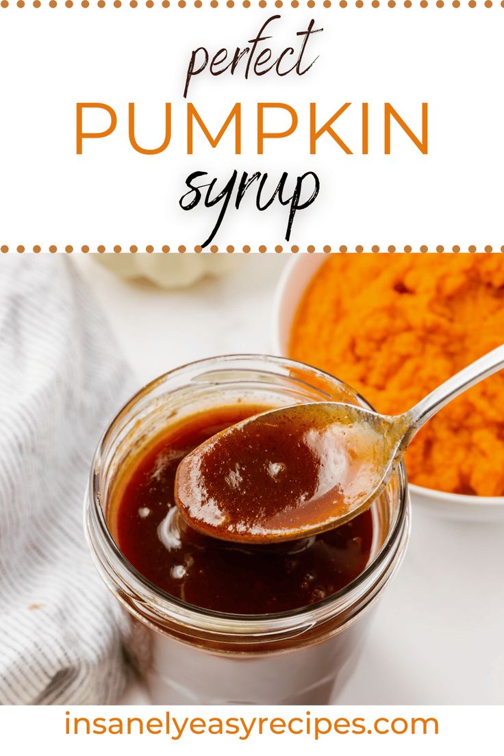 homemade pumpkin syrup in a glass jar with spoon