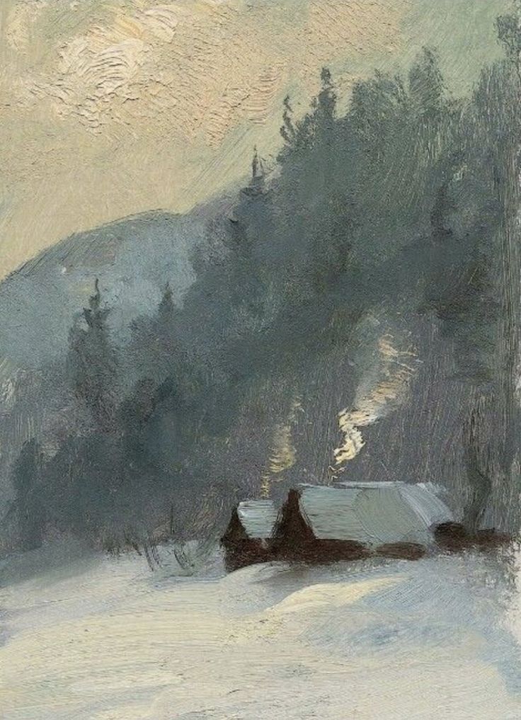 an oil painting of a house in the snow with trees on it's side