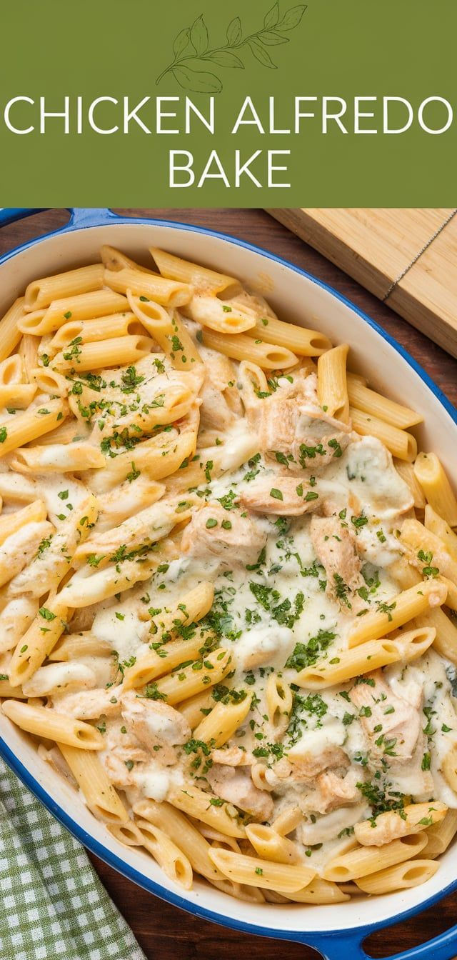 chicken alfredo bake in a blue casserole dish