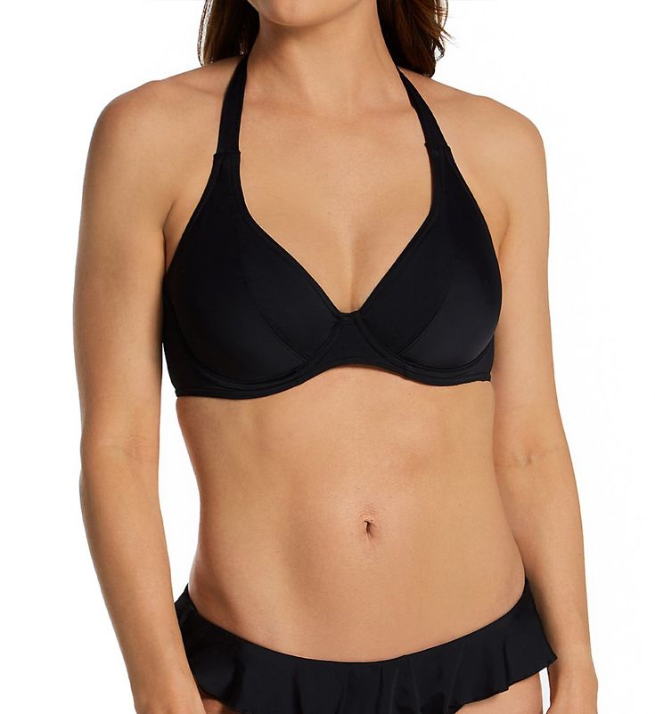 With simple halter top styling, plunging neckline, and supportive cups, this cute swim top will have you looking and feeling great. Made from nylon and elastane. Multi-part underwire cups have vertical seaming for a rounded, forward shape. Cups are lined with power mesh and have smooth knit lining near neckline. Bra-sized cups give a great fit! Low, plunge neckline has sewn-in elastic at the edge for a sustained fit. Triangular center is reinforced with non-stretch mesh. Covered elastic underban Push-up Swimwear With Built-in Bra For Pool, Halter Neck Top With Built-in Bra For Pool, Chic Seamless Halter Neck Swimwear, Chic Halter Neck Swimwear With Padded Cups, Beachwear Swimwear With Removable Bra Pads And T-back, Elegant Halter Top For Pool And Beach Season, Padded Full Coverage Swimwear For The Beach, Elegant Beachwear Halter Top, Padded Halter Neck Stretch Swimwear