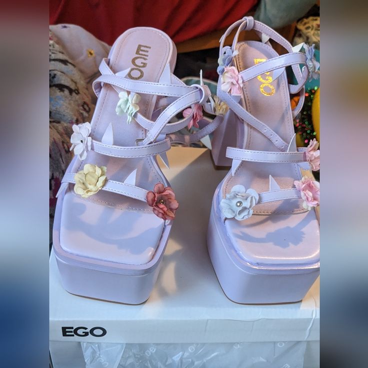 Never Worn Heels, Size Nine Five Inch Platform Synthetic Summer Heels With Flower Design, Summer Flower Heels In Synthetic Material, Flower Shaped Synthetic Heels For Summer, Purple Sculpted Heel Spring Heels, Purple Sculpted Heel For Spring, Ego Shoes, Flower Heels, Fashion Baby, Cute Shoes