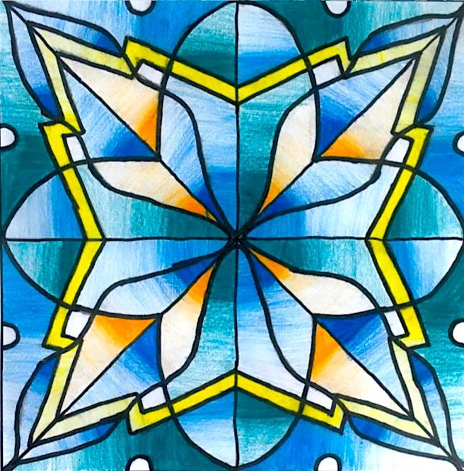 a blue and yellow stained glass window with an abstract flower design in the center, surrounded by white dots