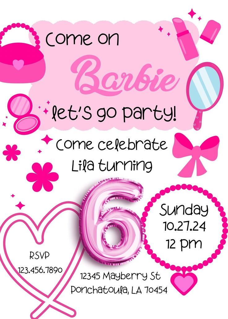 a pink birthday party flyer with balloons and decorations on it's side, including the number six