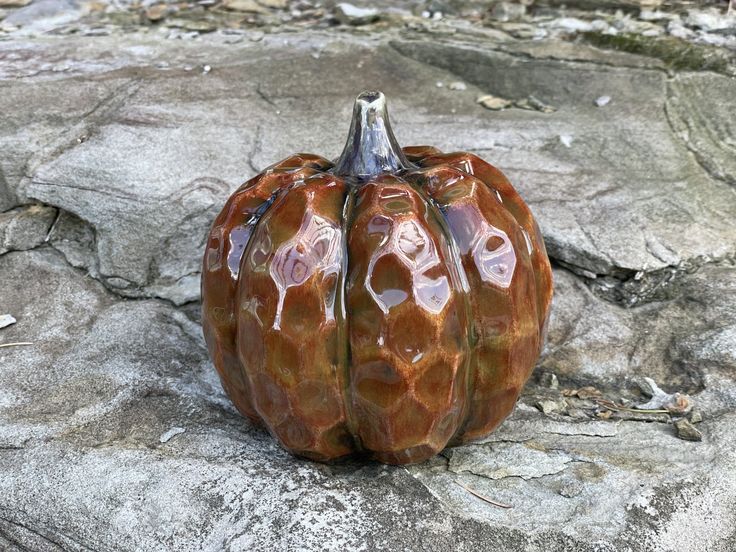 a brown pumpkin sitting on top of a rock