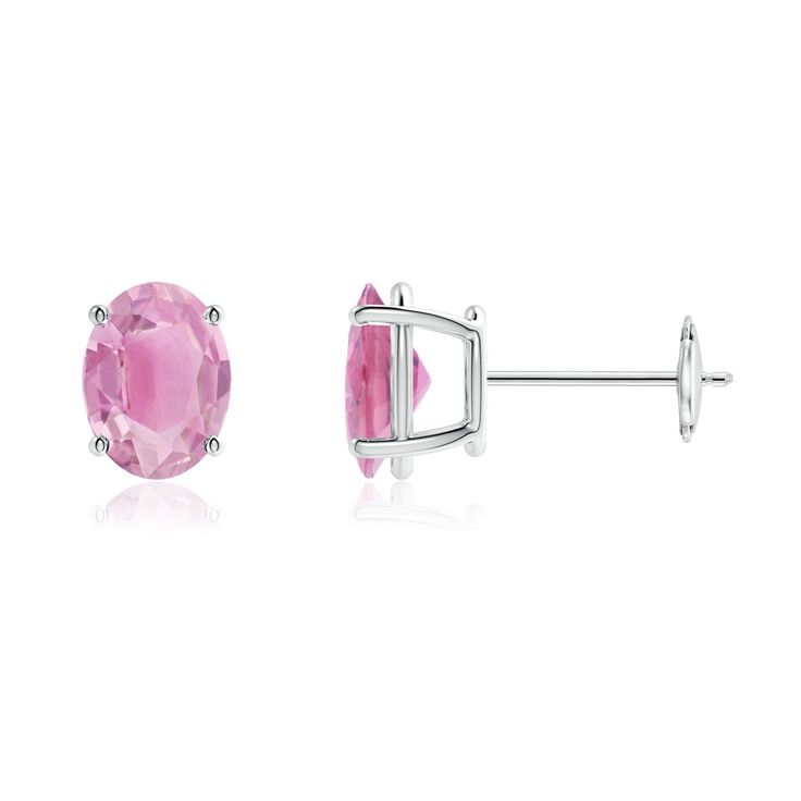 A true visual delight, these oval pink tourmaline stud earrings are designed in 18k white gold. The bright pink tourmalines are prong set and draw the eye with their irresistible radiance. Tourmaline Earrings, Solitaire Studs, Pink Tourmaline, Bright Pink, Prong Setting, Tourmaline, Platinum, White Gold, Stud Earrings