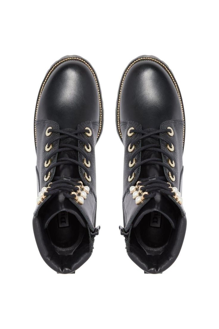 It's all in the details with our embellished leather lace-up boots. With tiny pearl inlayed eyelets and statements pearls on the hook fastening they are feminine twist on a utilitarian style. With a cushioned cuff, chunky sole and studded inlay they are the perfect combination of comfort and style. Boots Wide, Leather Biker Boots, Utilitarian Style, Oasis Fashion, Leather Lace Up Boots, Dune London, Wide Boots, Biker Boots, Wide Fit Boots