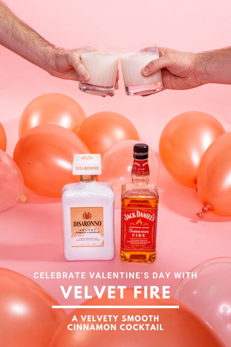 two hands holding bottles and balloons with the words celebrate valentine's day with velvet fire