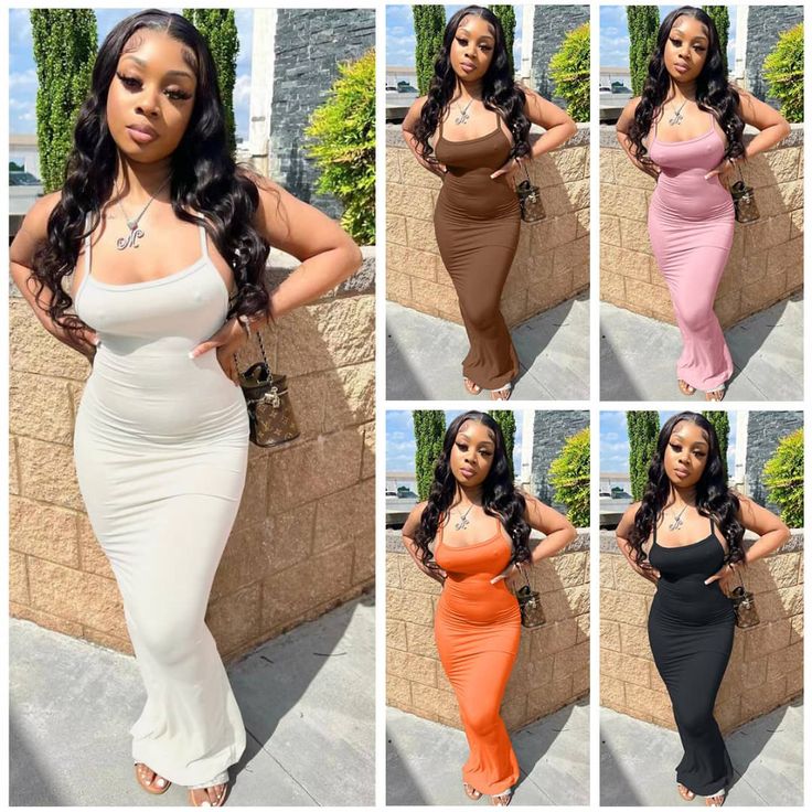 four different pictures of a woman in tight dresses, one is wearing an orange dress and the other has a black purse