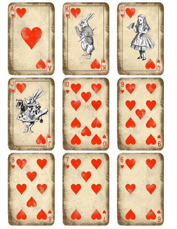 playing cards with red hearts and alice in wonderland characters on them, all arranged in the same pattern