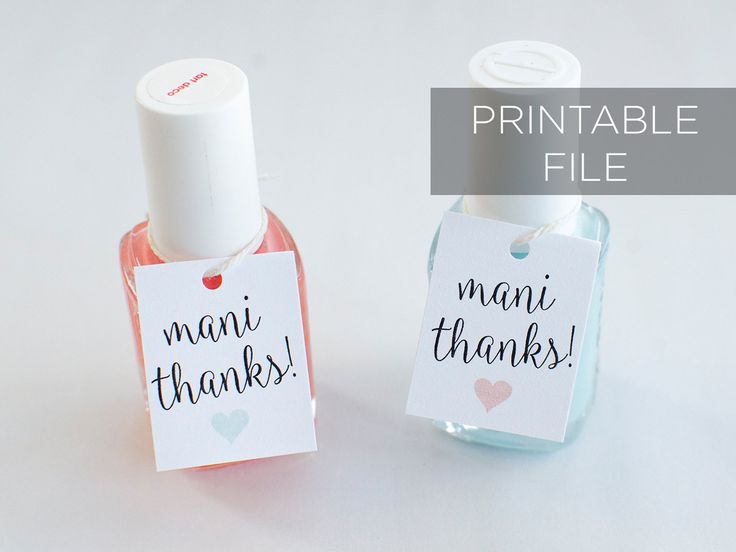 two small bottles with labels on them that say, mani thanks and thank you're here