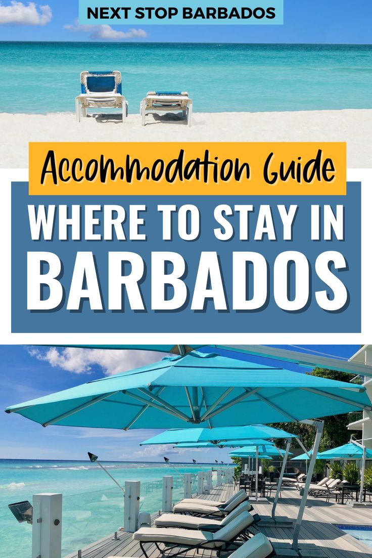 the beach with lounge chairs and umbrellas in front of it that says accommodations guide where to stay in barbados