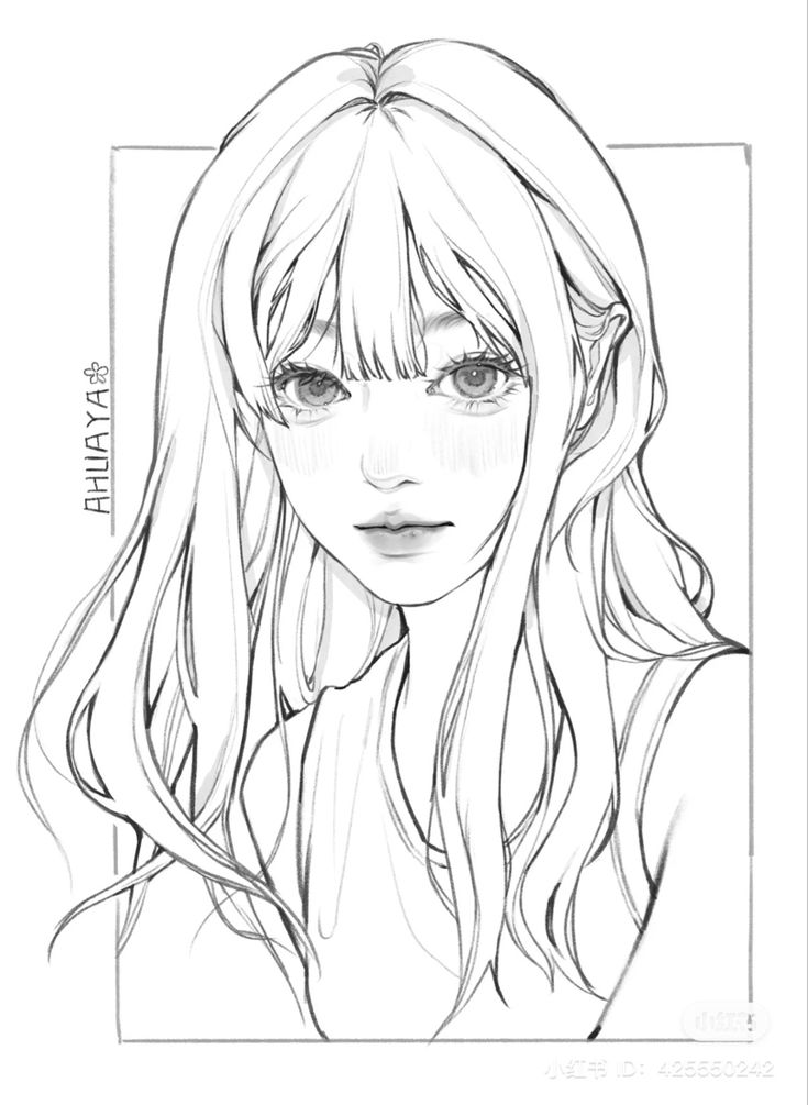 a drawing of a girl with long hair and bangs, looking to the side while she has